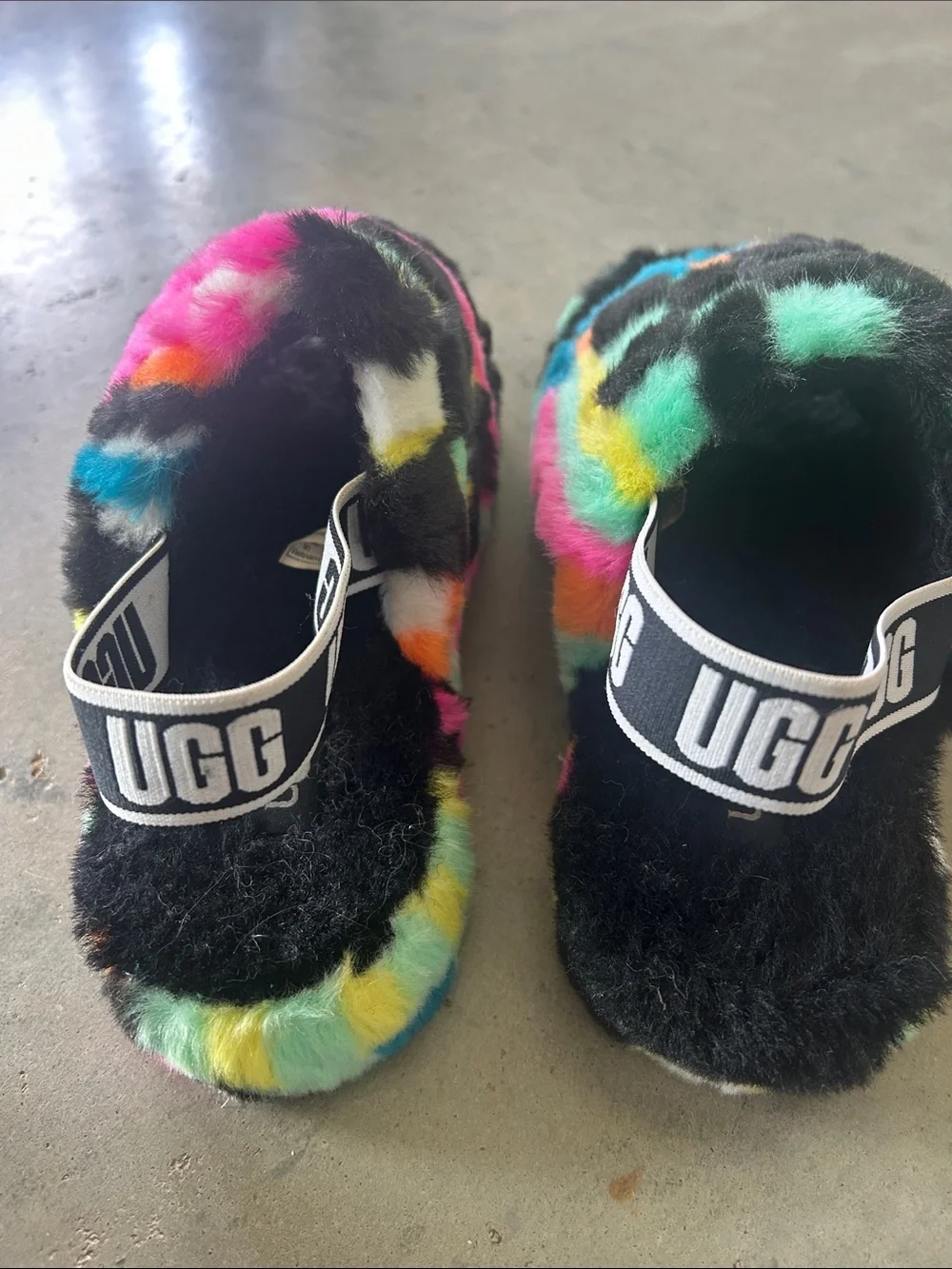 UGG Black Multicolor Checkered Fluff Slides